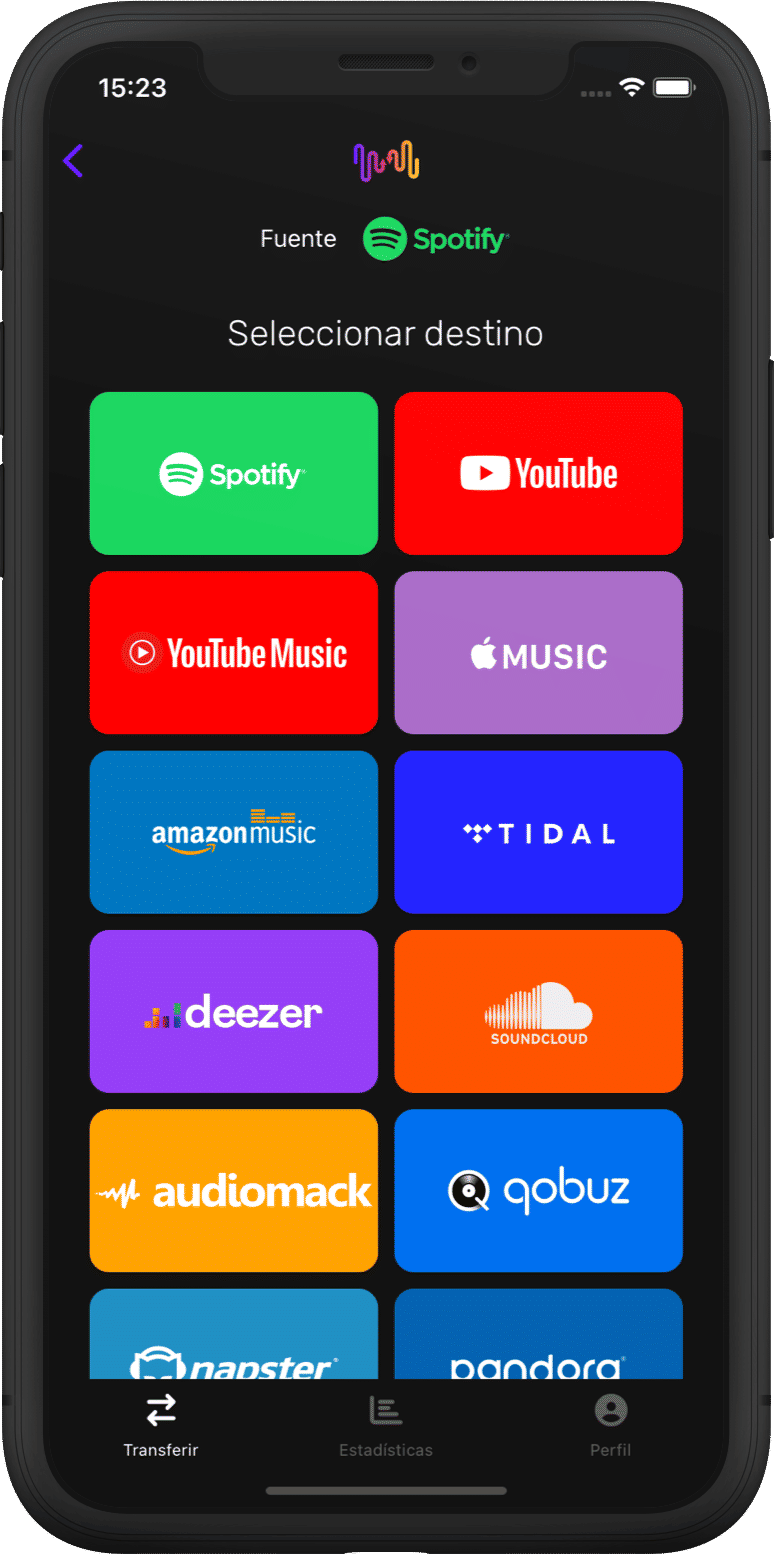 Captura de pantalla de transferencia de listas de reproducción seleccionando YouTube Music