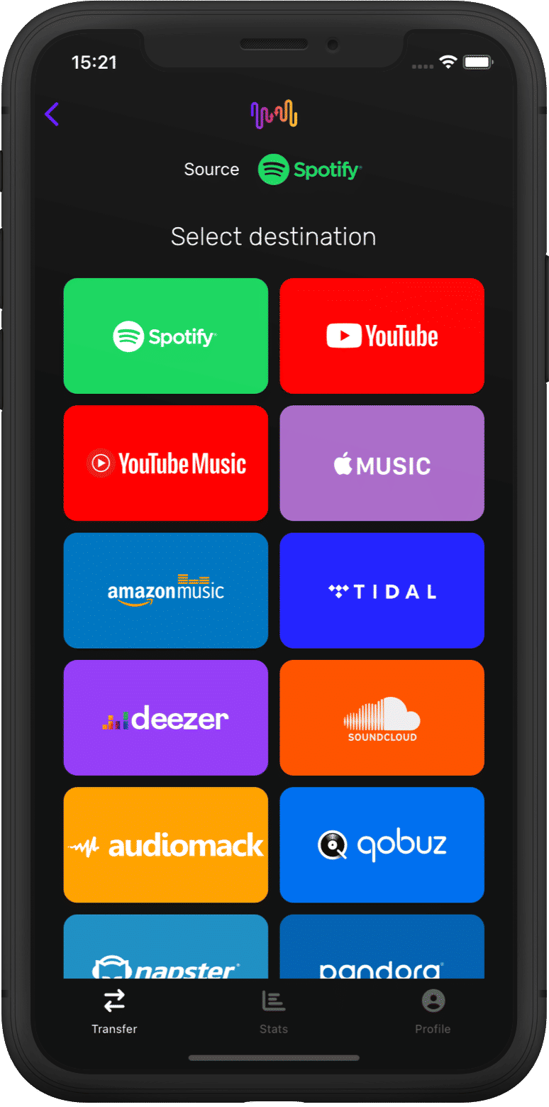 Screenshot of playlist transfer picking Tidal