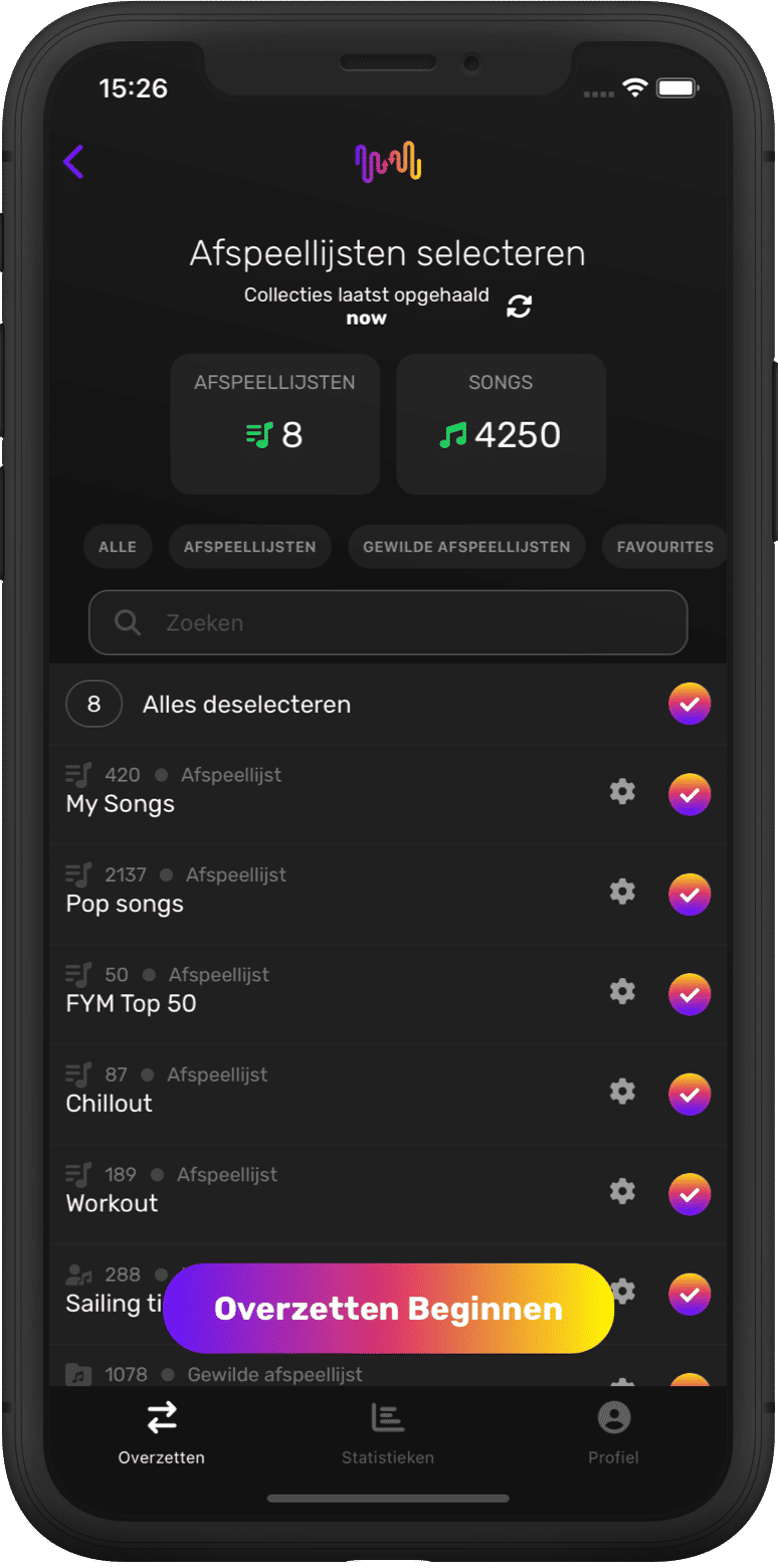 Screenshot van het overbrengen van afspeellijsten