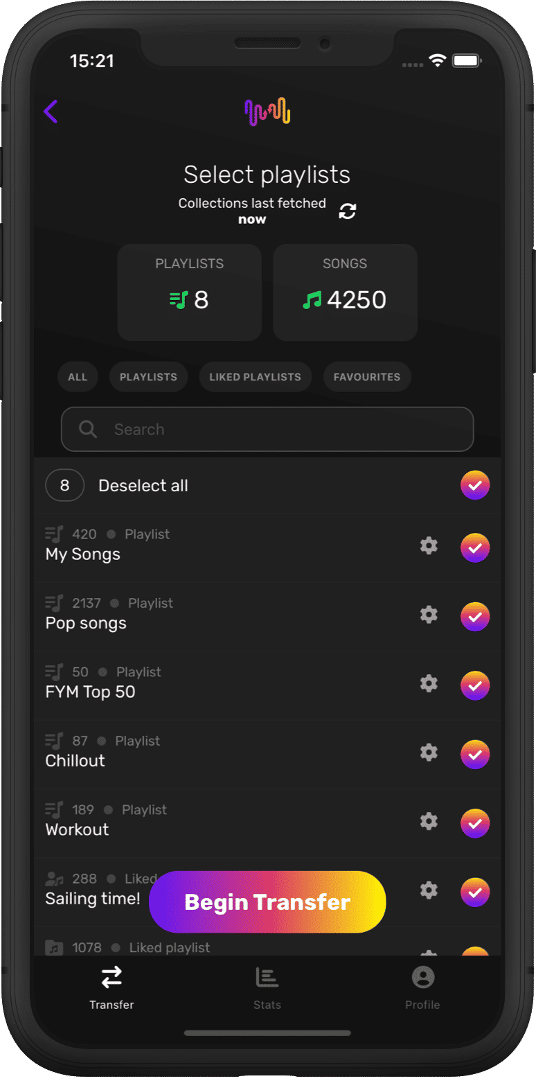Screenshot of picking playlists transfer