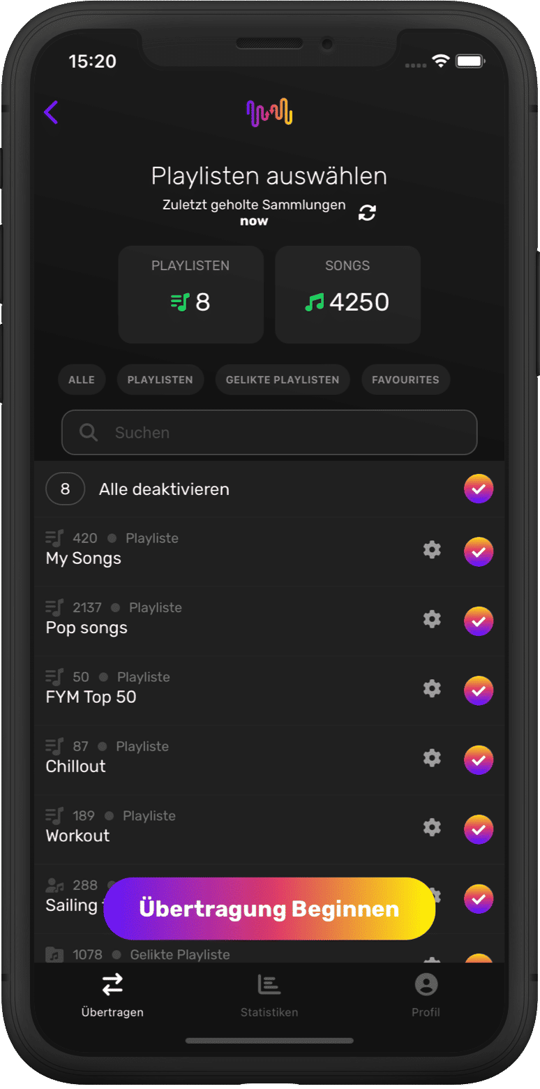 Screenshot der Übertragung von Wiedergabelisten