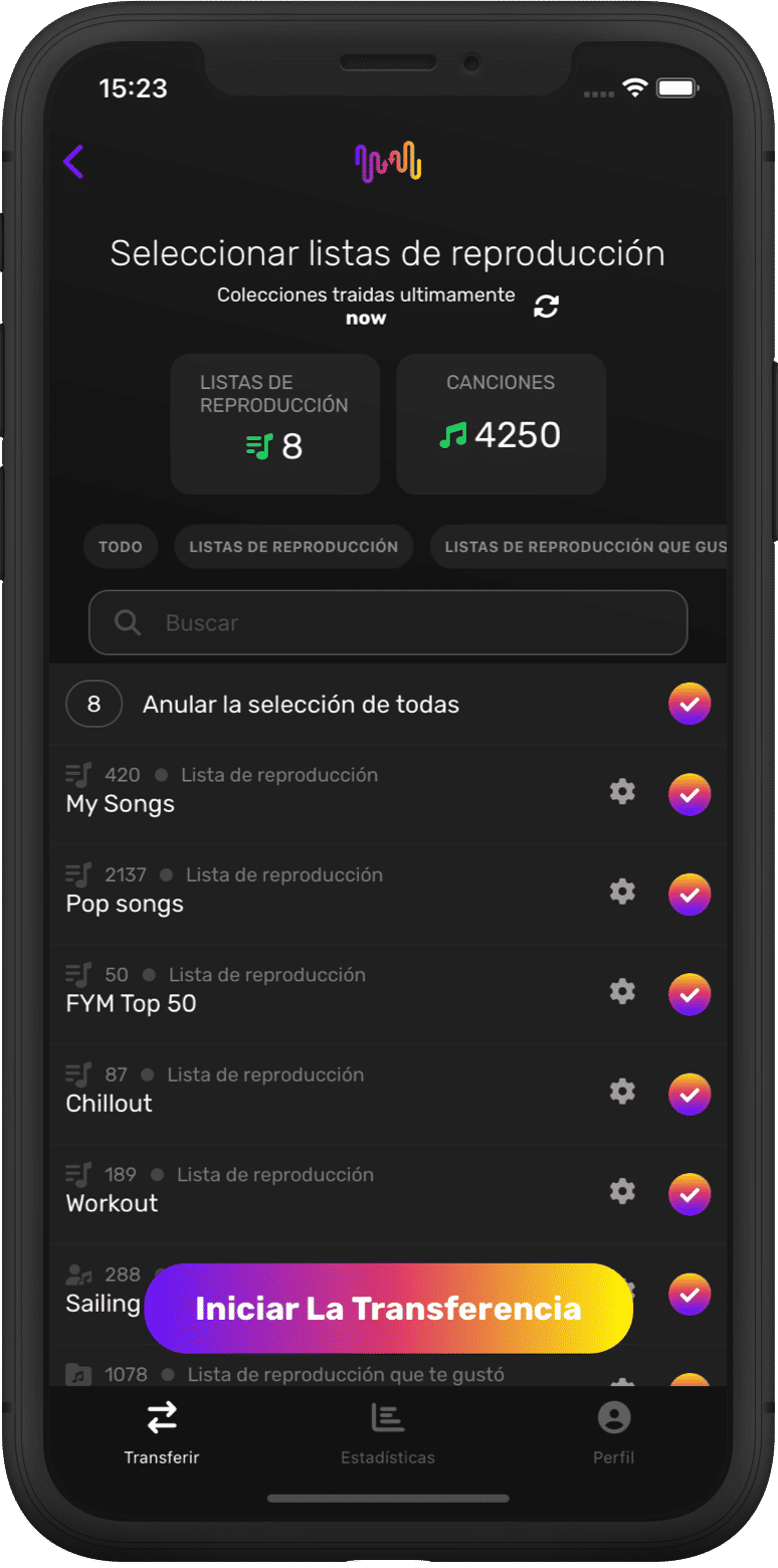 Captura de pantalla de la transferencia de listas de reproducción