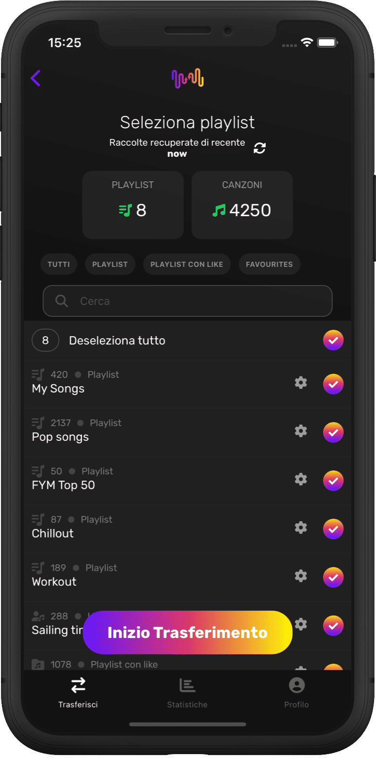 Screenshot della selezione delle playlist da trasferire
