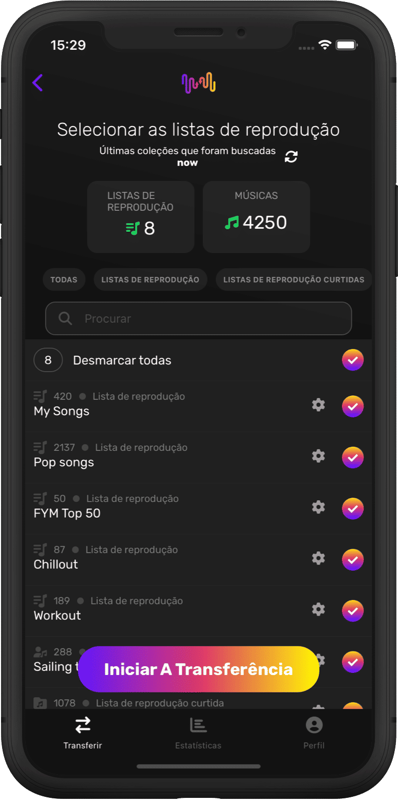 Captura de ecrã da transferência de listas de reprodução selecionadas