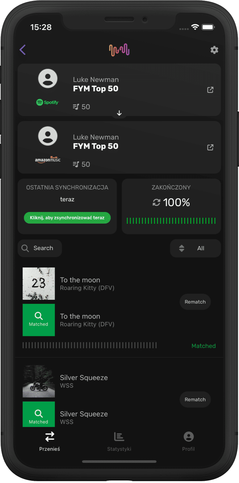 Zrzut ekranu szczegółów transferu listy odtwarzania