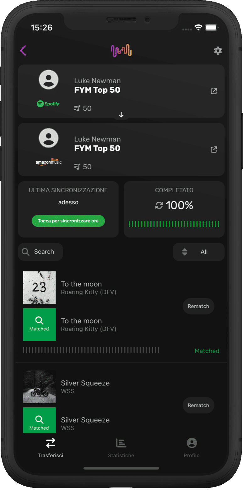 Screenshot dei dettagli del trasferimento della playlist