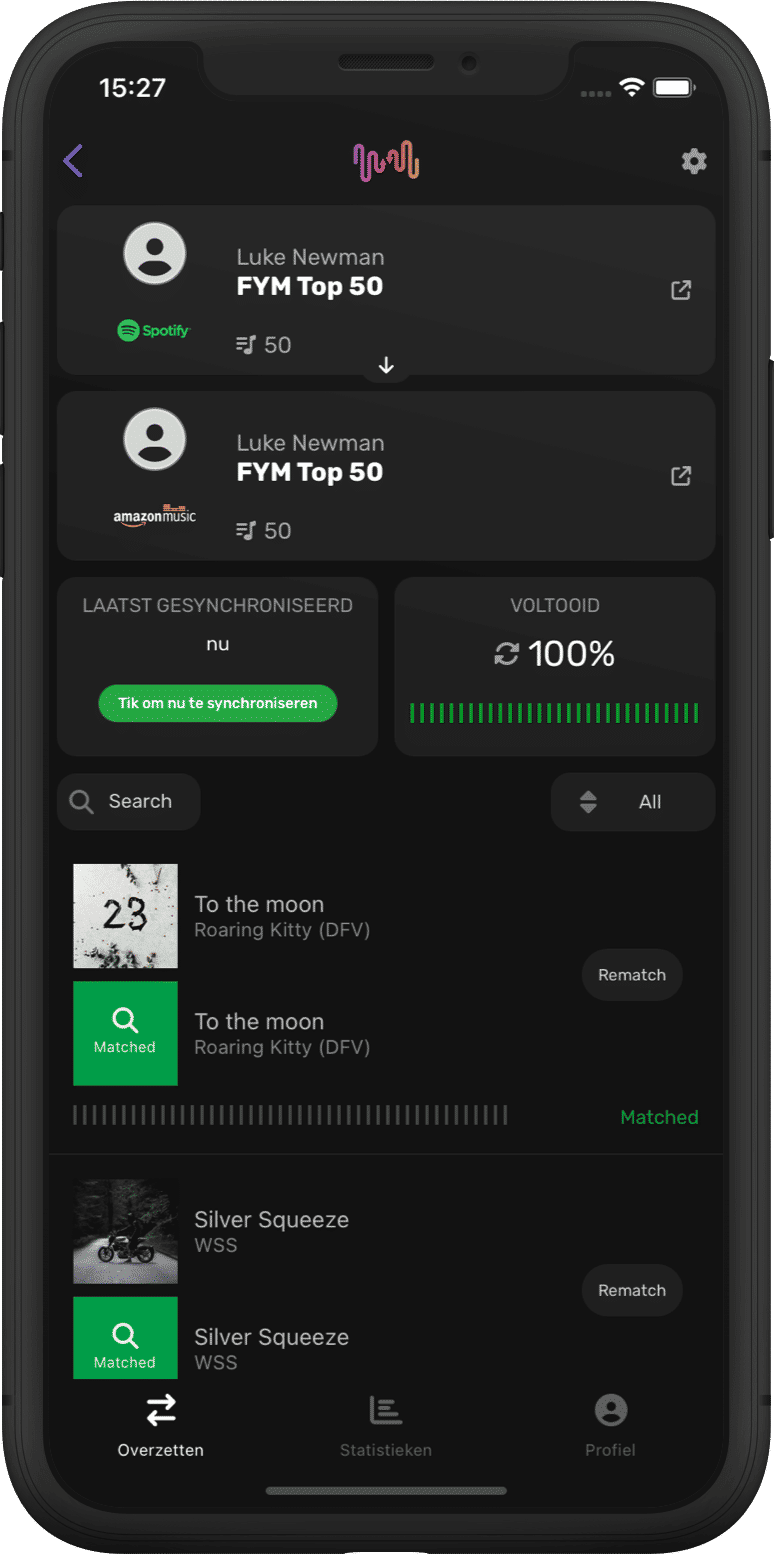 Schermafbeelding van overdrachtsgegevens afspeellijst