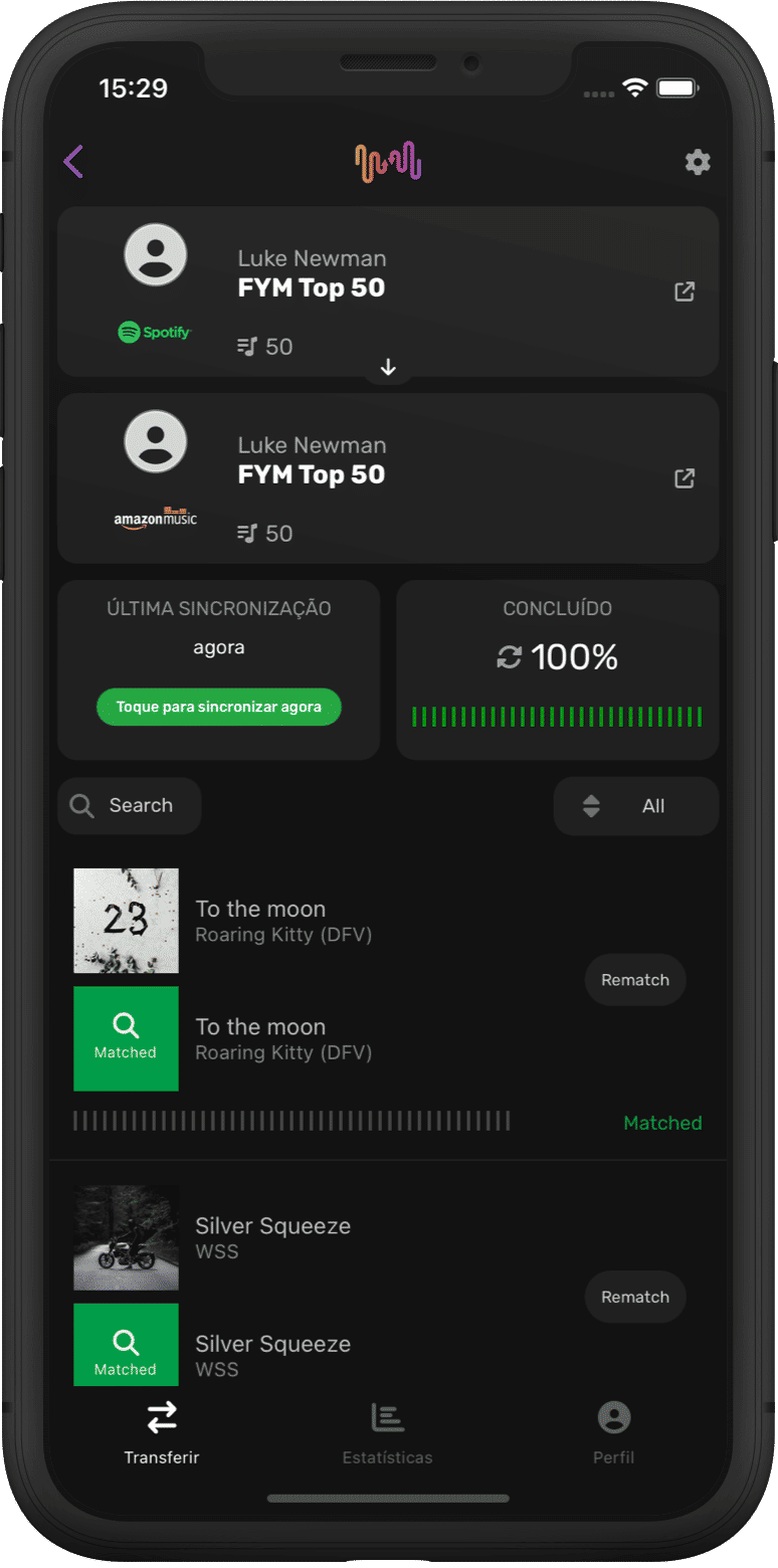 Captura de ecrã dos detalhes da transferência da lista de reprodução