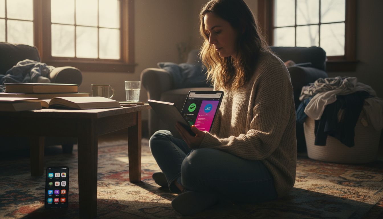 Woman syncing playlists on multiple devices